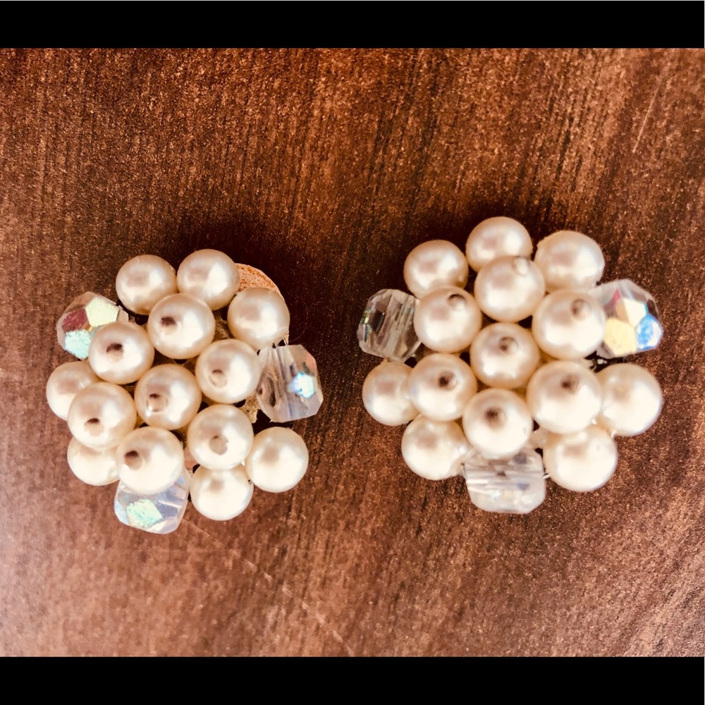 Vintage 50s Pearl & AB crystal.Clip on button earrings/Shoe clips neckline clips